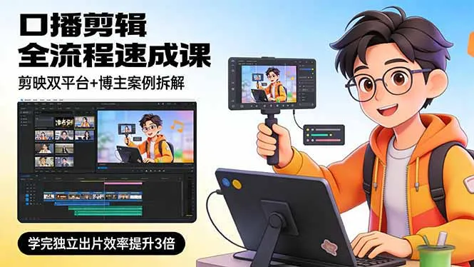 口播剪辑全流程速成课，剪映双平台+博主案例拆解，学完独立出片效率提升3倍-来缘阁