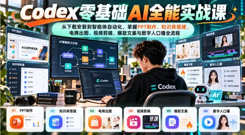 Codex零基础AI全能实战课：从下载安装到智能体自动化，掌握知识库搭建、电商出图、视频剪辑、爆款文案与数字人口播全流程-来缘阁