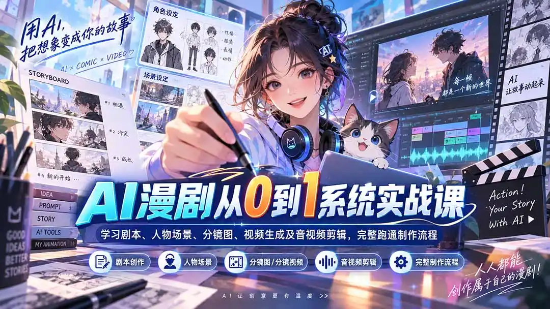 AI漫剧从0到1系统实战课:学习剧本、人物场景、分镜图、视频生成及音视频剪辑,完整跑通制作流程-来缘阁