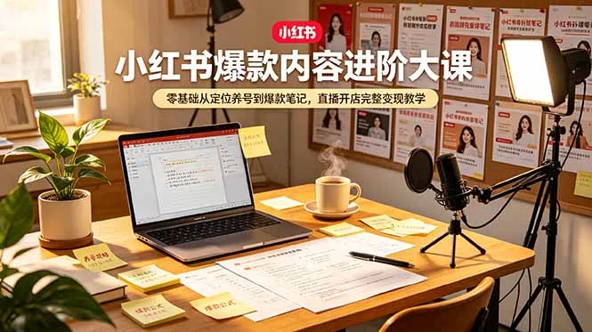 小红书爆款内容进阶大课，零基础从定位养号到爆款笔记，直播开店完整变现教学-来缘阁