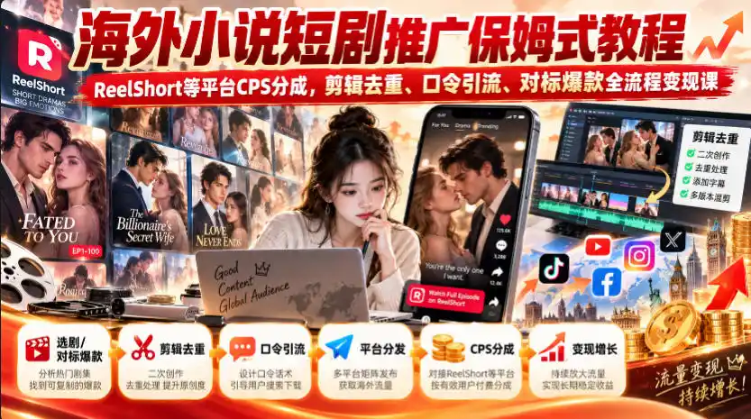 海外小说短剧推广保姆式教程|ReelShort等平台CPS分成,剪辑去重、口令引流、对标爆款全流程变现课-来缘阁