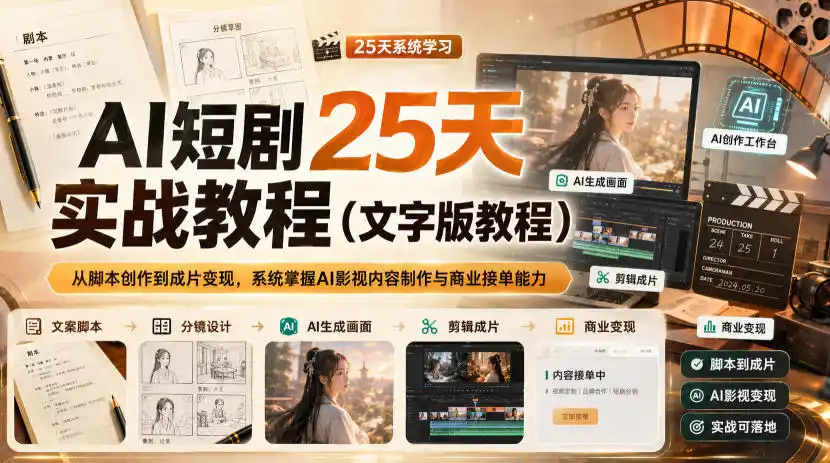 AI短剧25天实战教程(文字版教程)，从脚本创作到成片变现，系统掌握AI影视内容制作与商业接单能力-来缘阁