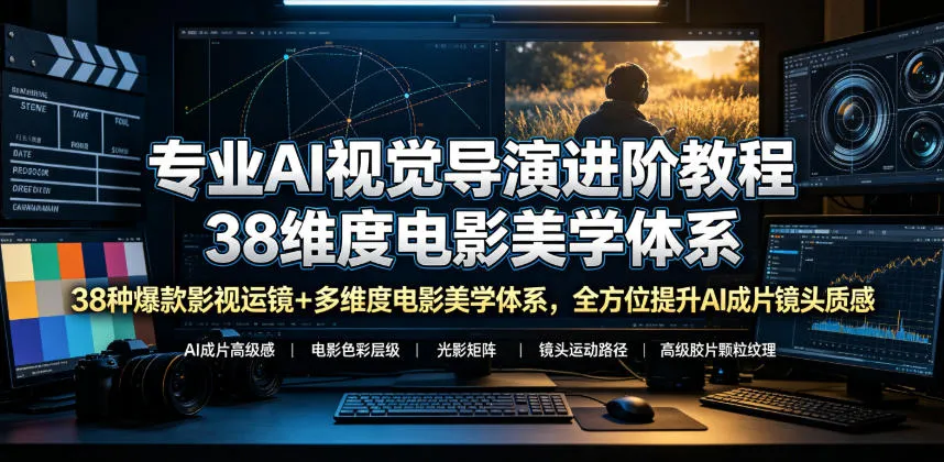 专业AI视觉导演进阶教程，38种爆款影视运镜+多维度电影美学体系，全方位提升AI成片高级感与镜头质感-来缘阁