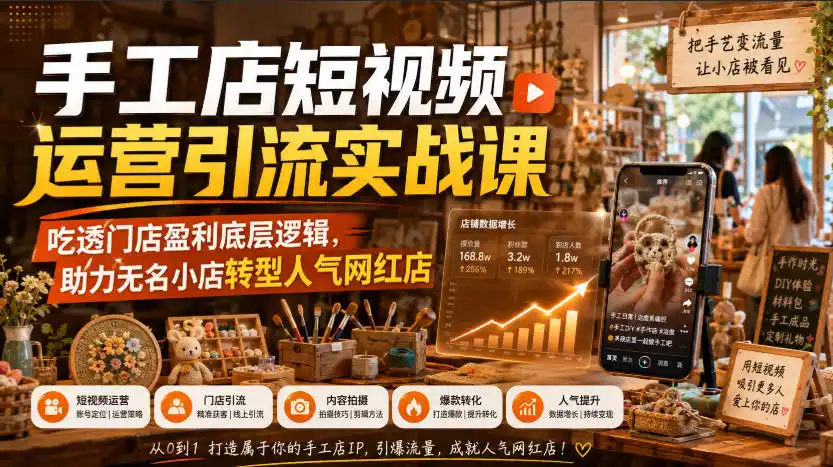 手工店短视频运营引流实战课,吃透门店盈利底层逻辑,助力无名小店转型人气网红店-来缘阁
