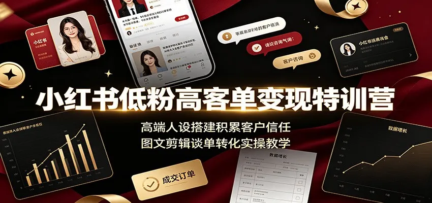 小红书低粉高客单变现特训营：高端人设搭建积累客户信任，图文剪辑谈单转化实操教学-来缘阁