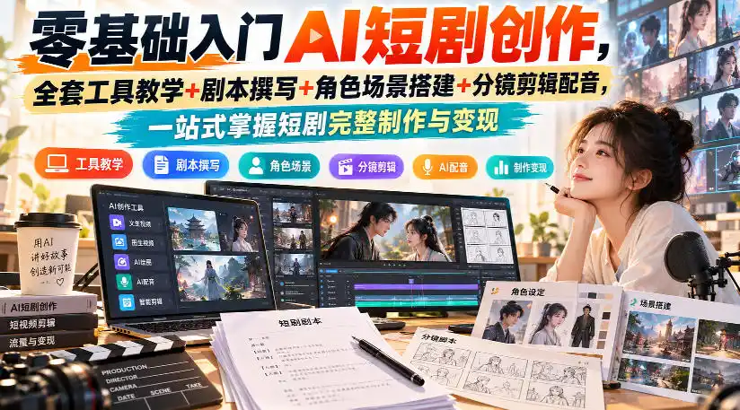 零基础入门AI短剧创作,全套工具教学+剧本撰写+角色场景搭建+分镜剪辑配音,一站式掌握短剧完整制作与变现-来缘阁