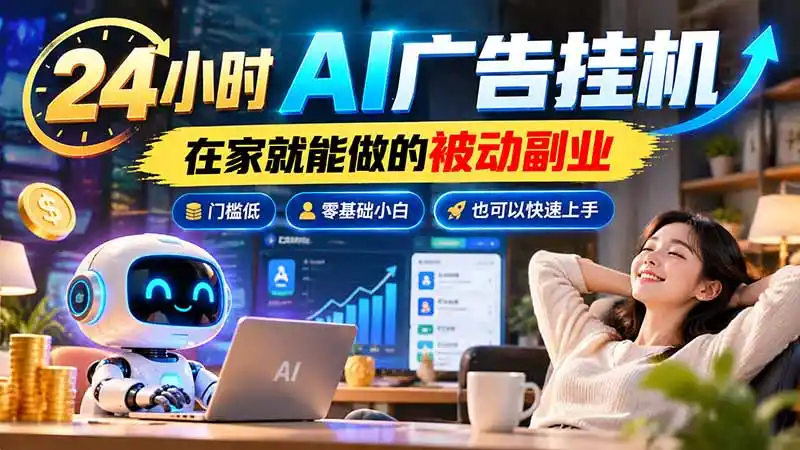 24小时AI广告挂机｜在家就能做的被动副业，门槛低，零基础小白也可以快速上手-来缘阁