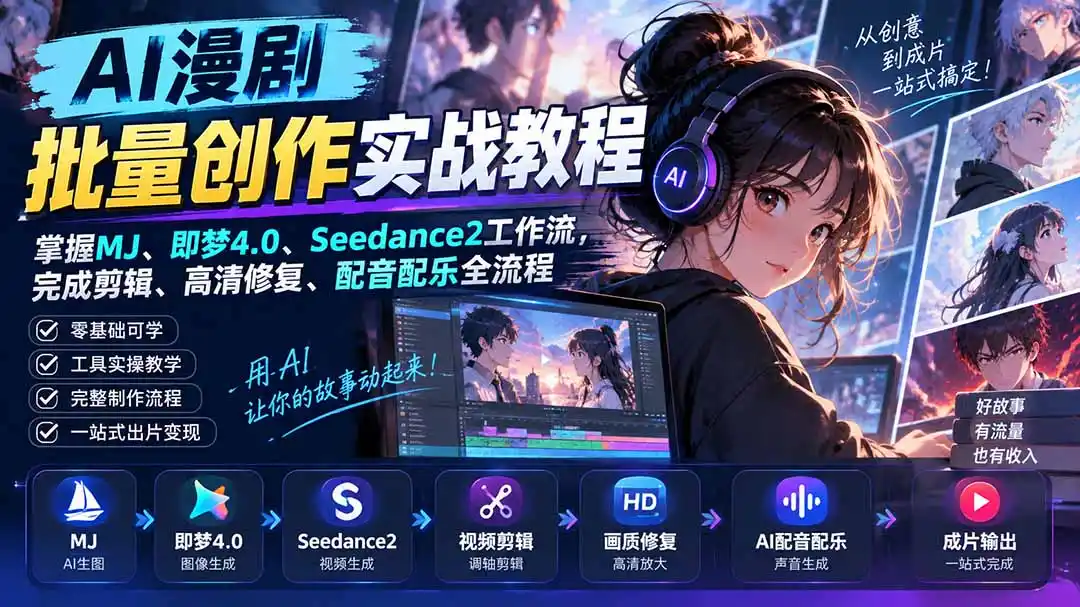 AI漫剧批量创作实战教程：掌握MJ、即梦4.0、Seedance2工作流，完成剪辑、高清修复、配音配乐全流程-来缘阁