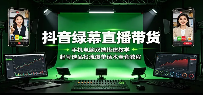 抖音绿幕直播带货：手机电脑双端搭建教学，起号选品投流爆单话术全套教程-来缘阁