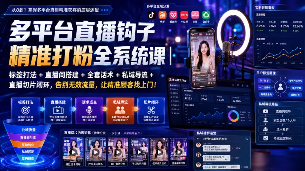 多平台直播钩子精准打粉全系统课|标签打法+直播间搭建+全套话术+私域导流+直播切片闭环,告别无效流量,让精准顾客找上门!-来缘阁