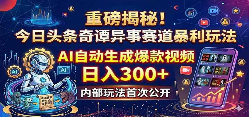 重磅揭秘！今日头条奇谭异事赛道暴利玩法：AI自动生成爆款视频，日入300+-来缘阁