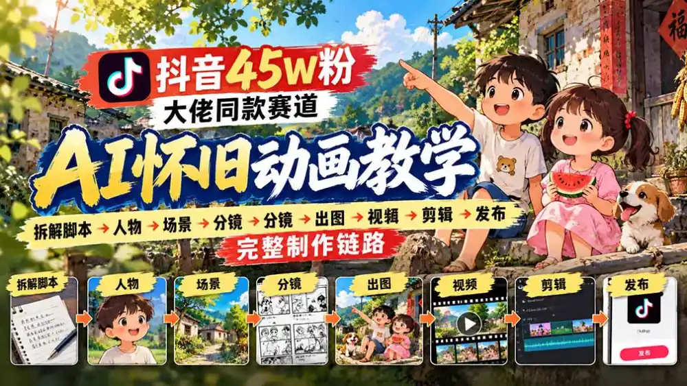 抖音45W粉大佬同款赛道AI怀旧动画教学:拆解脚本→人物→场景→分镜→出图→视频→剪辑→发布完整制作链路-来缘阁