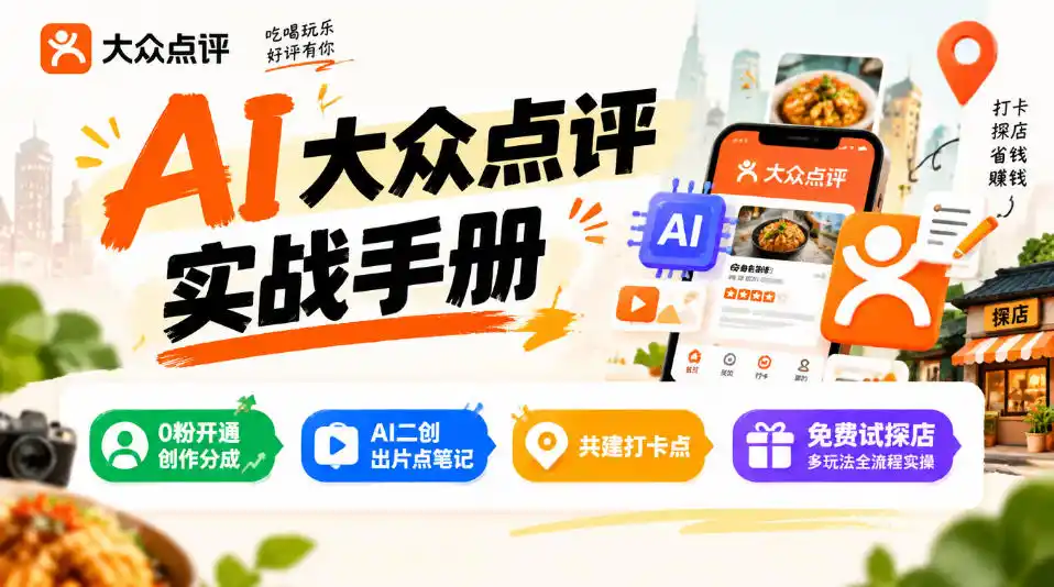 某局的AI大众点评实战手册，0粉开通创作分成、AI二创出片点笔记、共建打卡点、免费试探店多玩法全流程实操-来缘阁