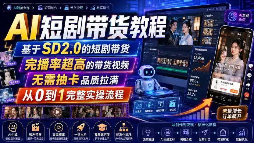 AI短剧带货教程，基于SD2.0的短剧带货，完播率超高的带货视频，无需抽卡品质拉满，从0到1完整实操流程-来缘阁