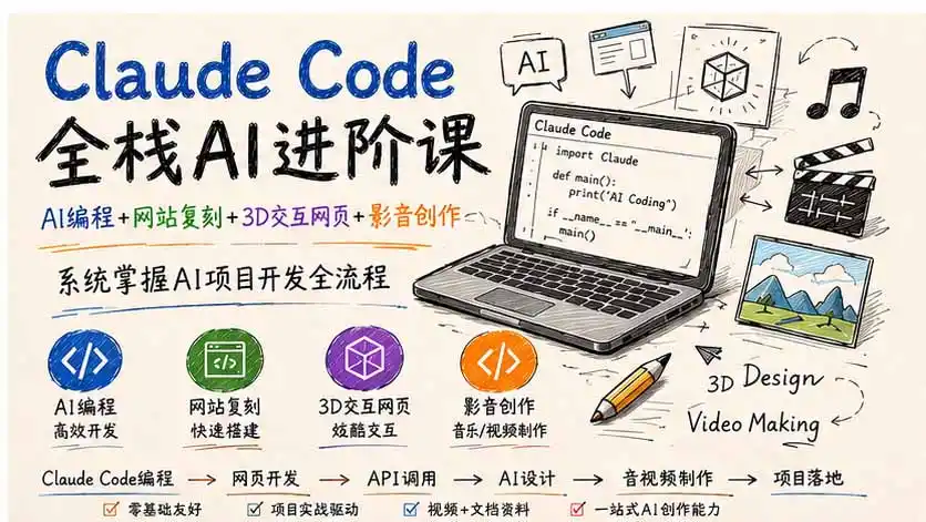 Claude Code全栈AI进阶课;AI编程+网站复刻+3D交互网页+影音创作,系统掌握AI项目开发全流程-来缘阁