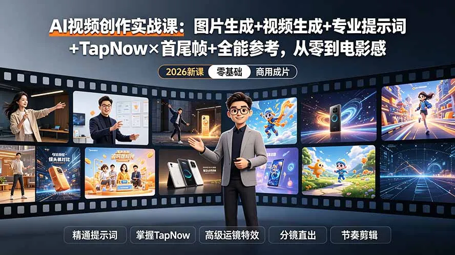AI视频创作实战课：图片生成+视频生成+专业提示词+TapNow×首尾帧+全能参考，从零到电影感成片-来缘阁