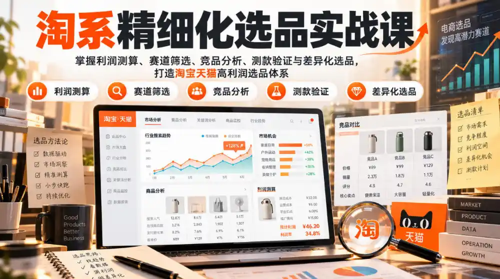 货架电商精细化选品实战课:掌握利润测算、赛道筛选、竞品分析、测款验证与差异化选品,打造淘宝天猫高利润选品体系