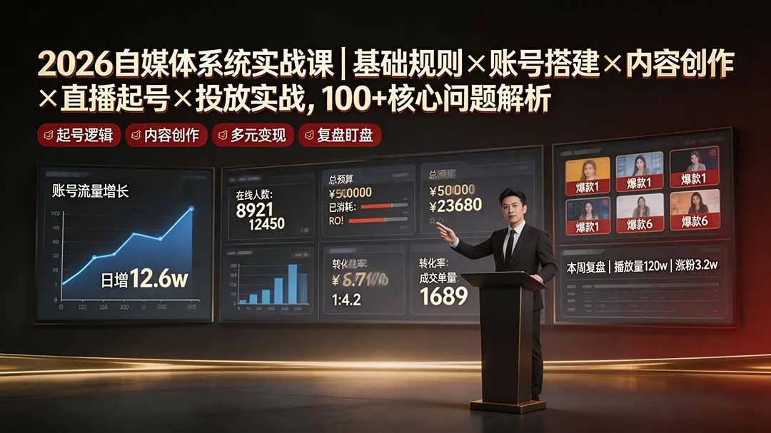 2026自媒体系统实战课｜基础规则×账号搭建×内容创作×直播起号×投放实战，100+核心问题解析-来缘阁