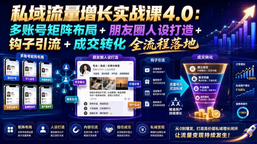 私域流量增长实战课4.0：多账号矩阵布局+朋友圈人设打造+钩子引流+成交转化全流程落地-来缘阁