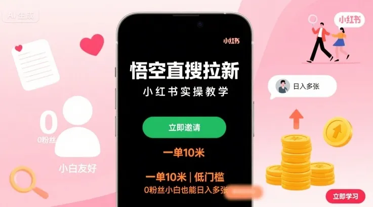 悟空直搜拉新小红书实操教学，一单10米，低门槛，0粉丝小白也能日入多张-来缘阁