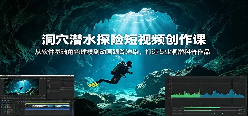 洞穴潜水探险短视频创作课：从软件基础角色建模到动画跟踪渲染，打造专业洞潜科普作品-来缘阁