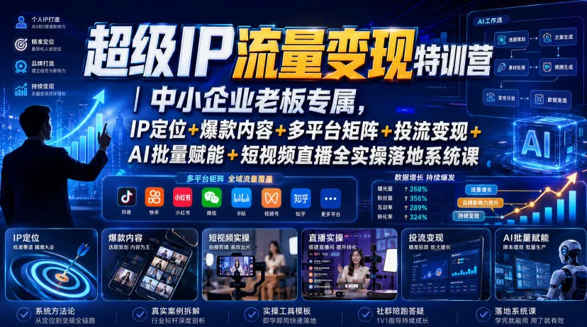 超级IP流量变现特训营｜中小企业老板专属，IP定位+爆款内容+多平台矩阵+投流变现+AI批量赋能+短视频直播全实操落地系统课-来缘阁