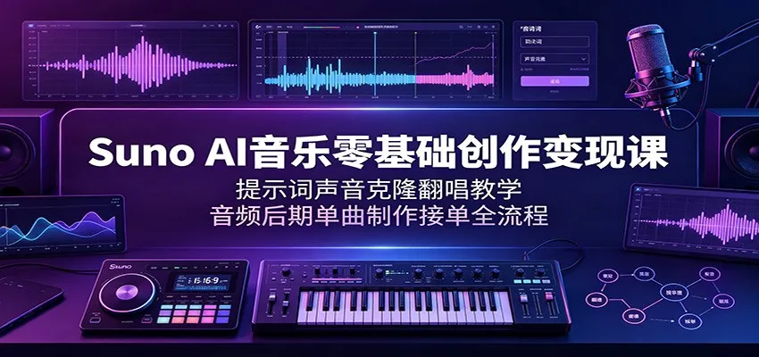 Suno AI音乐零基础创作变现课：提示词声音克隆翻唱教学，音频后期单曲制作接单全流程-来缘阁