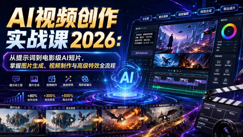 AI视频创作实战课2026:从提示词到电影级AI短片,掌握图片生成、视频制作与高级特效全流程-来缘阁