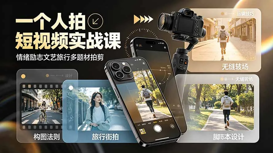 一个人拍短视频实战课：情绪励志文艺旅行多题材×五大景别×黄金构图×八大运镜，从拍摄到成片高效创作-来缘阁