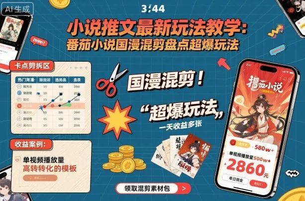 小说推文最新玩法教学，番茄小说国漫混剪盘点超爆玩法，全程干货，一天收益多张-来缘阁