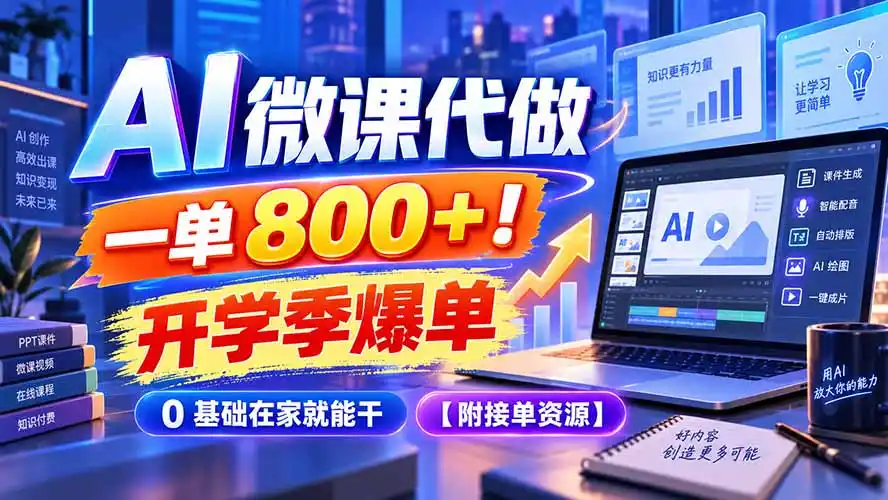 AI 微课代做，一单 800+！开学季爆单，0 基础在家就能干【附接单资源】-来缘阁