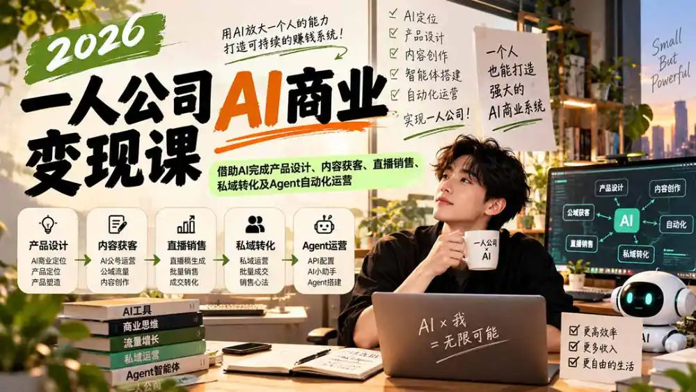 2026一人公司AI商业变现课：借助AI完成产品设计、内容获客、直播销售、私域转化及Agent自动化运营-来缘阁