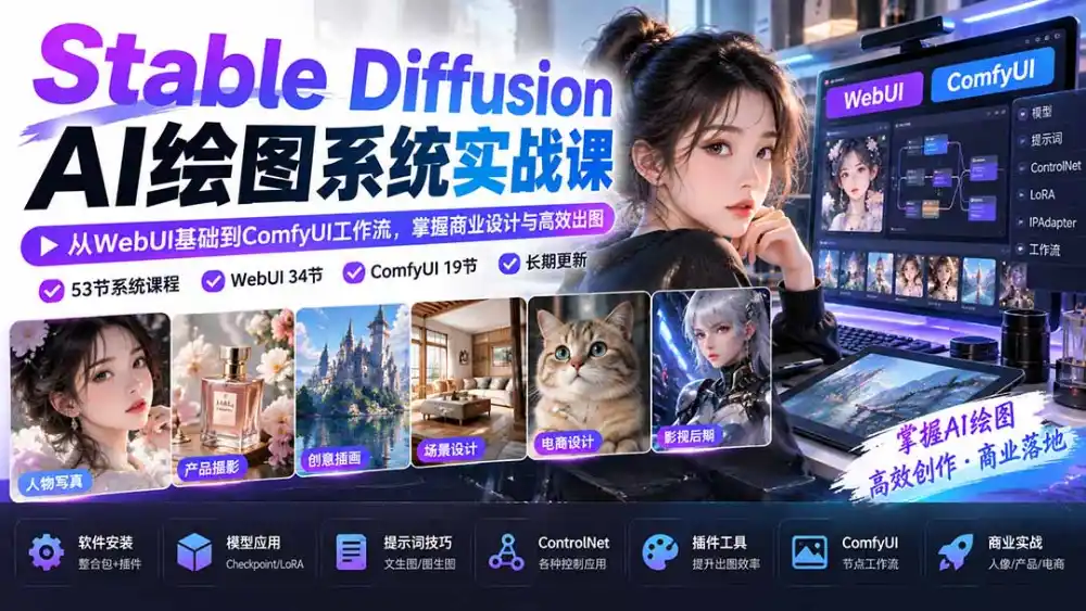 【无水印】Stable Diffusion AI绘图系统实战课:从WebUI基础到ComfyUI工作流,掌握商业设计与高效出图-来缘阁