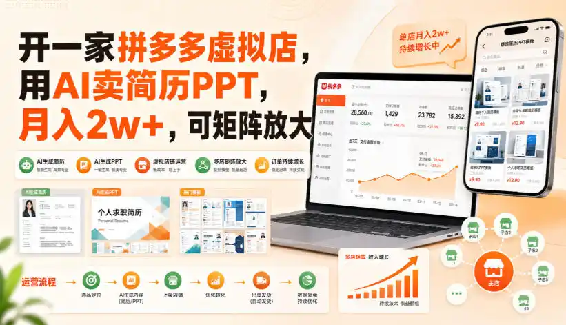 开一家拼多多虚拟店,用AI卖简历PPT,月入2w+,可矩阵放大【揭秘】-来缘阁
