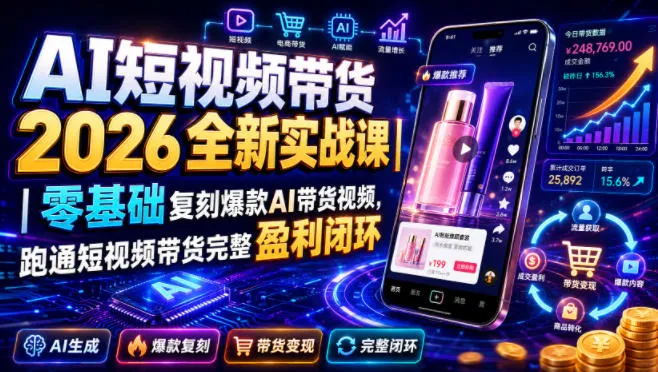 AI短视频带货2026全新实战课|零基础复刻爆款AI带货视频,跑通短视频带货完整盈利闭环-来缘阁