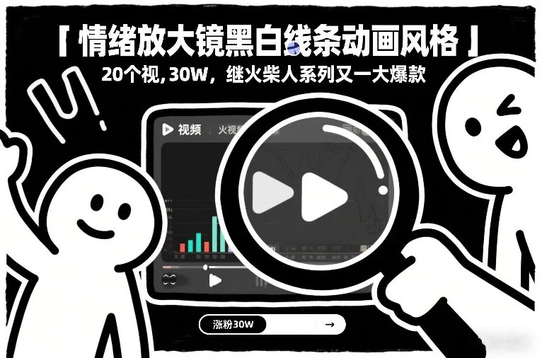 情绪放大镜黑白线条动画风格，20个视频，涨粉30W，继火柴人系列又一大爆款-来缘阁