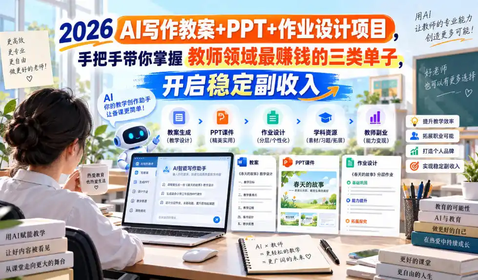 2026 AI写作教案+PPT+作业设计项目，手把手带你掌握教师领域最賺钱的三类单子，开启稳定副收入-来缘阁