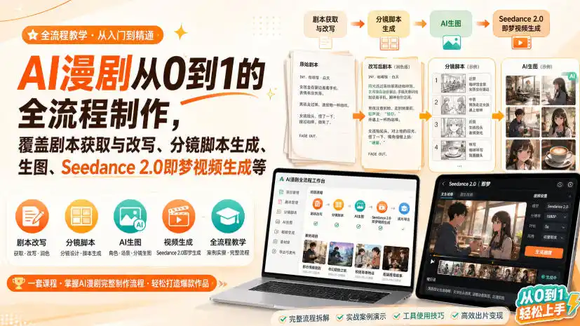 AI漫剧从0到1的全流程制作，覆盖剧本获取与改写、分镜脚本生成、角色场景生图与三视图、Seedance 2.0即梦视频生成(PDF版)-来缘阁