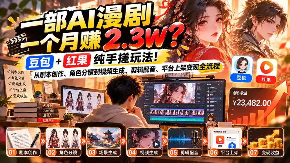 一部AI漫剧一个月赚2.3W？豆包+红果纯手搓玩法！从剧本创作、角色分镜到视频生成、剪辑配音、平台上架变现全流程-来缘阁