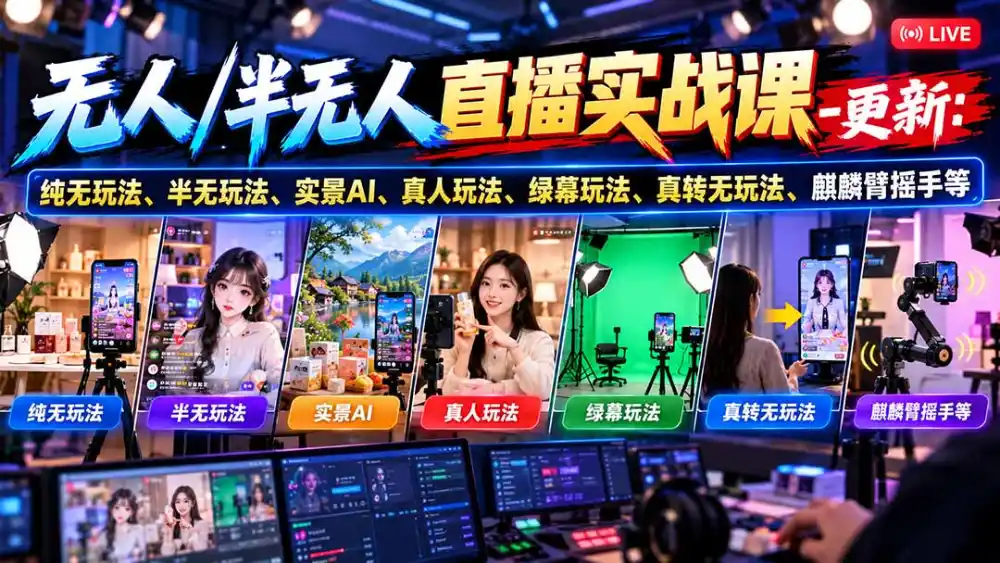 无人/半无人直播实战课-10月20更新:纯无玩法、半无玩法、实景AI、真人玩法、绿幕玩法、真转无玩法、麒麟臂摇手等-来缘阁