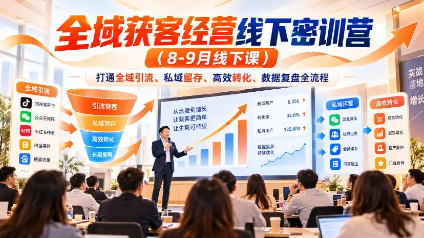 全域获客经营线下密训营(8-9月线下课)，打通全域引流、私域留存、高效转化、数据复盘全流程-来缘阁