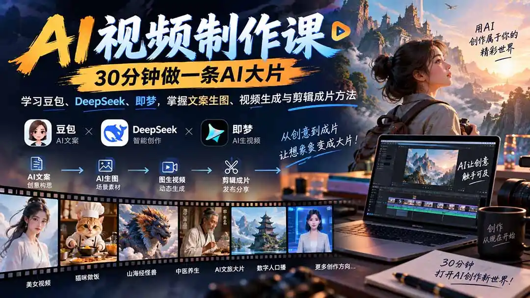 AI视频制作课-30分钟做一条AI大片：学习豆包、DeepSeek、即梦，掌握文案生图、视频生成与剪辑成片方法-来缘阁