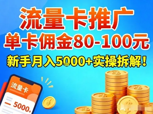 流量卡推广，单卡佣金80-100，新手月入5k+实操拆解！-来缘阁