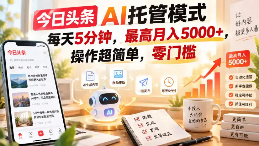 今日头条AI托管模式，每天5分钟，最高月入5000+，操作超简单，零门槛【揭秘】-来缘阁
