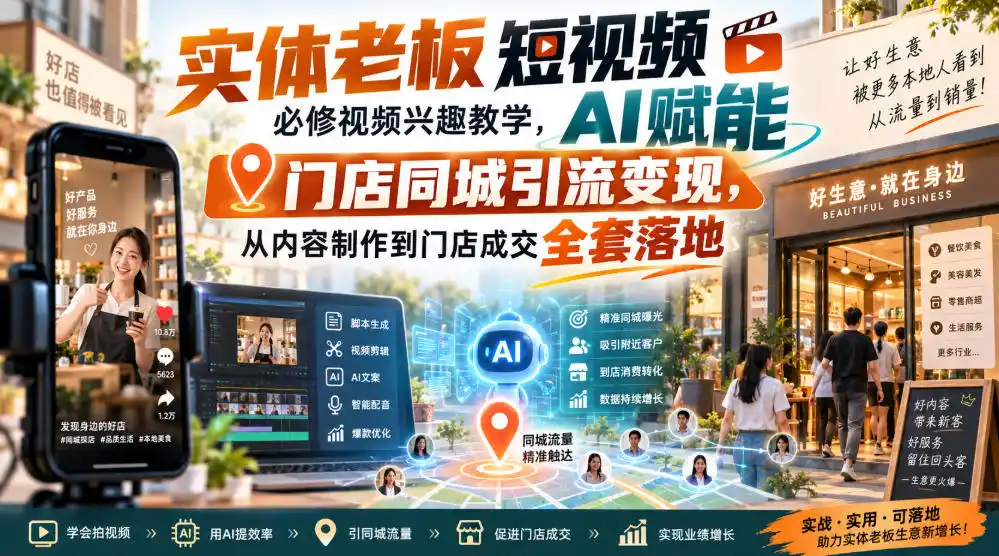 实体老板短视频必修视频兴趣教学，AI赋能门店同城引流变现，AI+短视频+直播打爆实体客流量-来缘阁