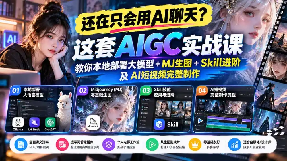 【无水印】还在只会用AI聊天?这套AIGC实战课教你本地部署大模型+MJ生图+Skill进阶及AI短视频完整制作-来缘阁
