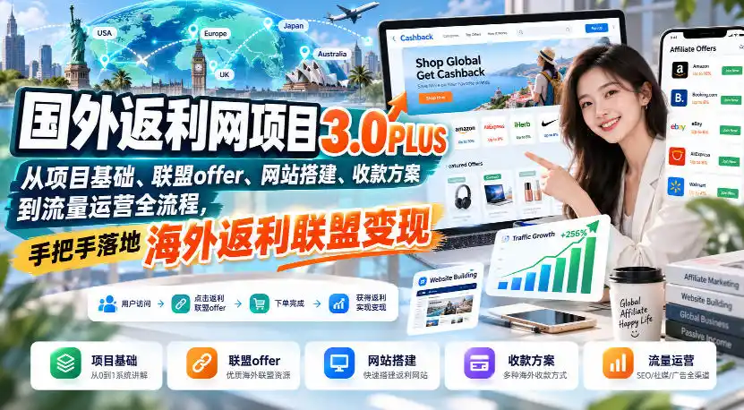国外返利网项目3.0PLUS，从项目基础、联盟offer、网站搭建、收款方案到流量运营全流程，手把手落地海外返利联盟变现-来缘阁