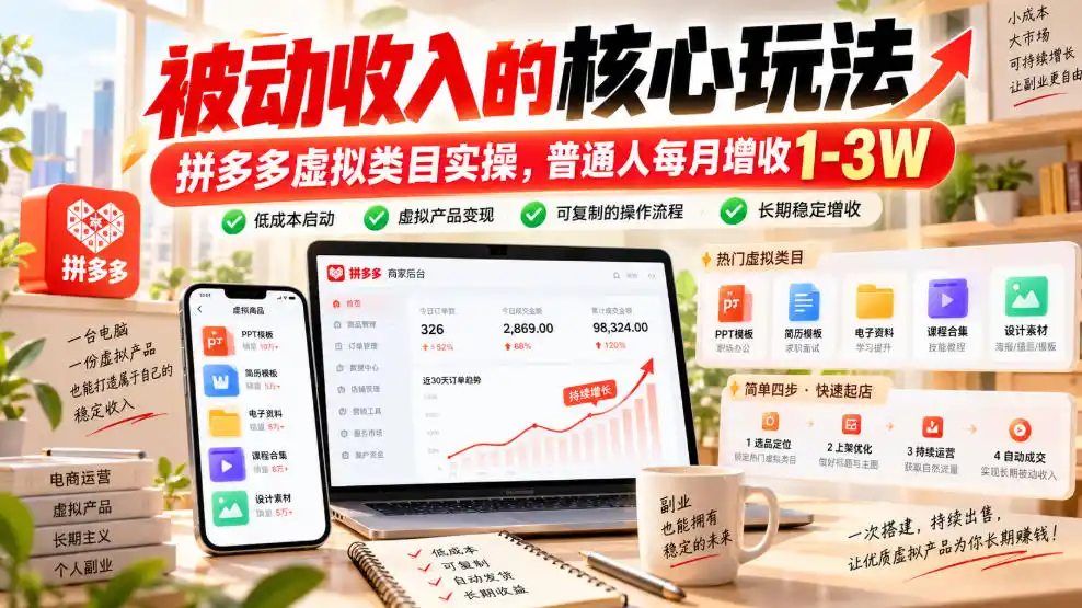 被动收入的核心玩法，拼多多虚拟类目实操，普通人每月增收1-3W【揭秘】-来缘阁