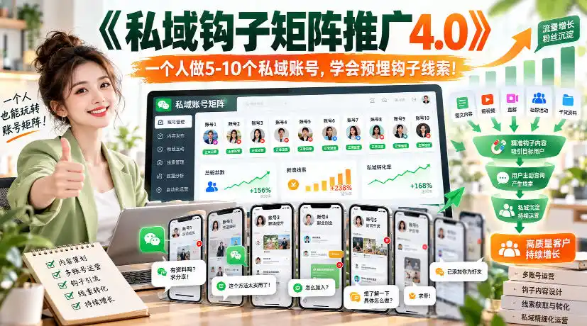【无水印】《私域钩子矩阵推广4.0》一个人做5-10个私域账号，学会预埋钩子线索！-来缘阁