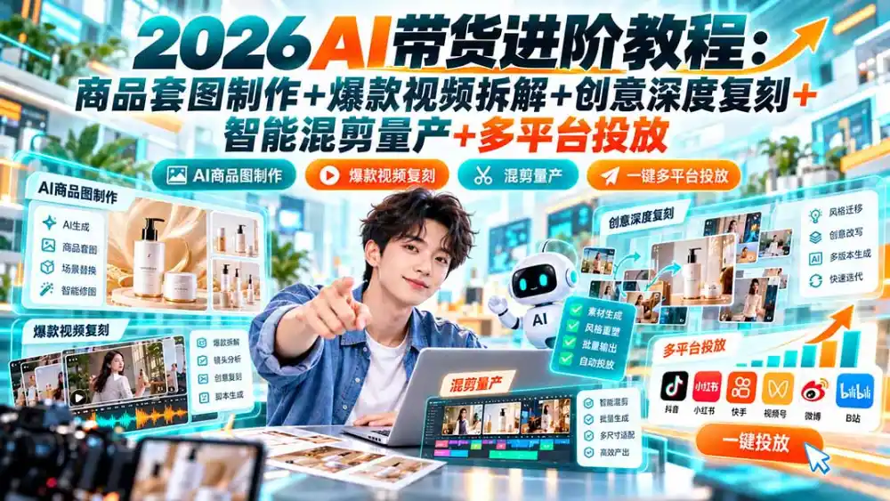 2026AI带货进阶教程:商品套图制作+爆款视频拆解+创意深度复刻+智能混剪量产+多平台投放-来缘阁